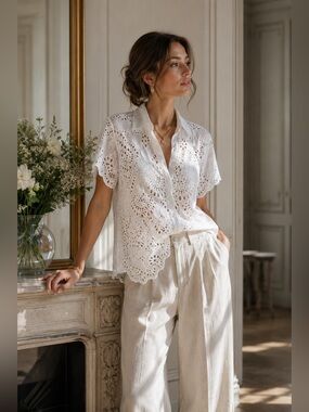 Johnny Was Marietta Cooper Embroidered Eyelet Shirt | Cupra Rayon | Size S